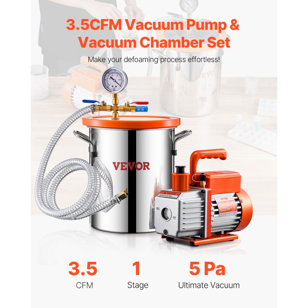 VEVOR 11 L(3 Gallon) Vacuum Chamber and 100 L/min(3.5 CFM) Pump Kit, Stainless Steel Chamber, Single Stage Vacuum Pump Degassing Chamber Kit, with Acrylic Lid, Oil, 1.5m(4.92 ft) Hose, for Degassing Resin Silicone Epoxies