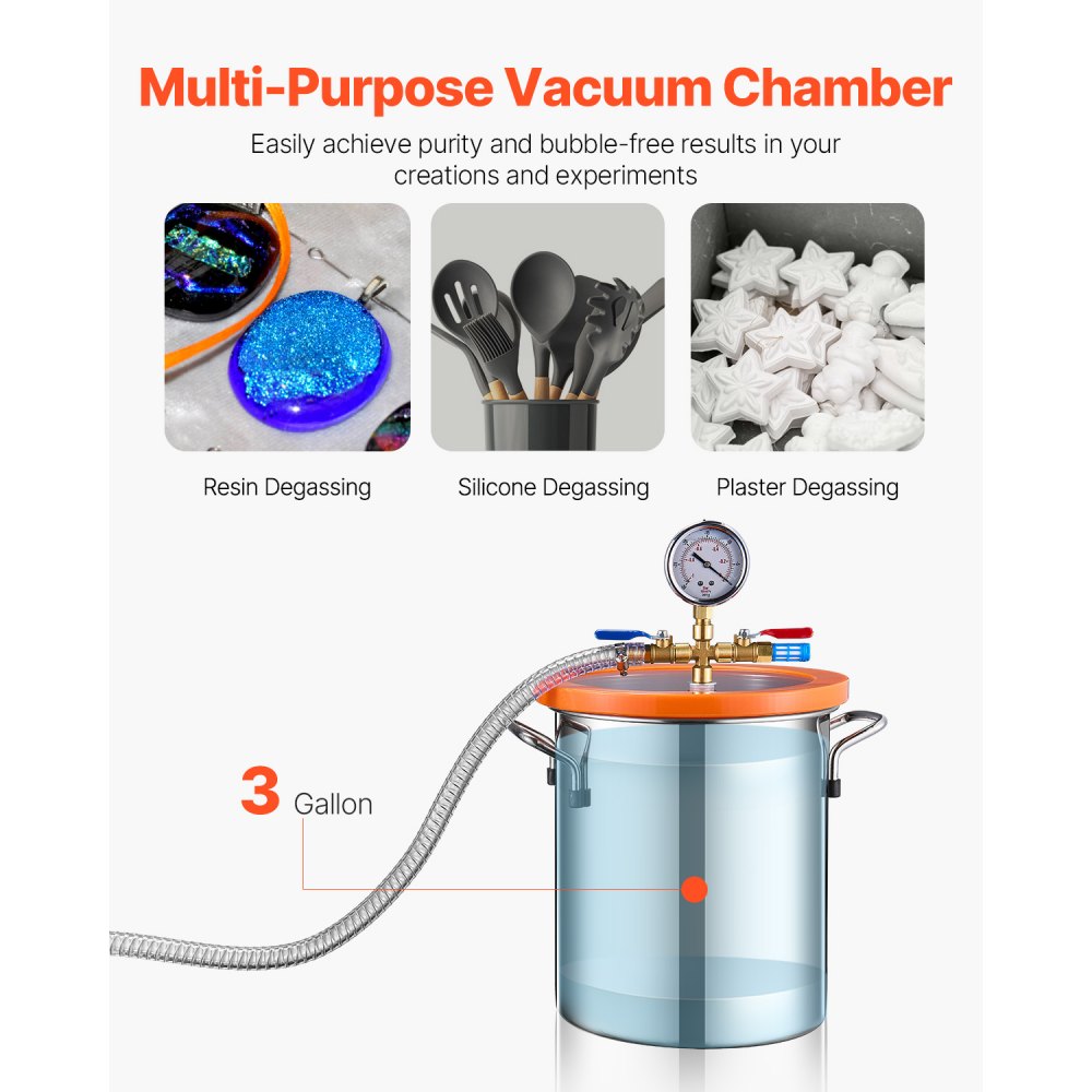 VEVOR 11 L(3 Gallon) Vacuum Chamber and 100 L/min(3.5 CFM) Pump Kit, Stainless Steel Chamber, Single Stage Vacuum Pump Degassing Chamber Kit, with Acrylic Lid, Oil, 1.5m(4.92 ft) Hose, for Degassing Resin Silicone Epoxies