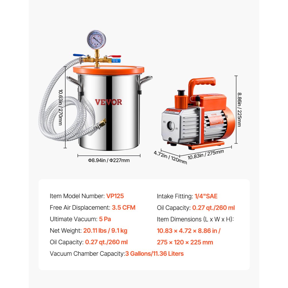 VEVOR 11 L(3 Gallon) Vacuum Chamber and 100 L/min(3.5 CFM) Pump Kit, Stainless Steel Chamber, Single Stage Vacuum Pump Degassing Chamber Kit, with Acrylic Lid, Oil, 1.5m(4.92 ft) Hose, for Degassing Resin Silicone Epoxies