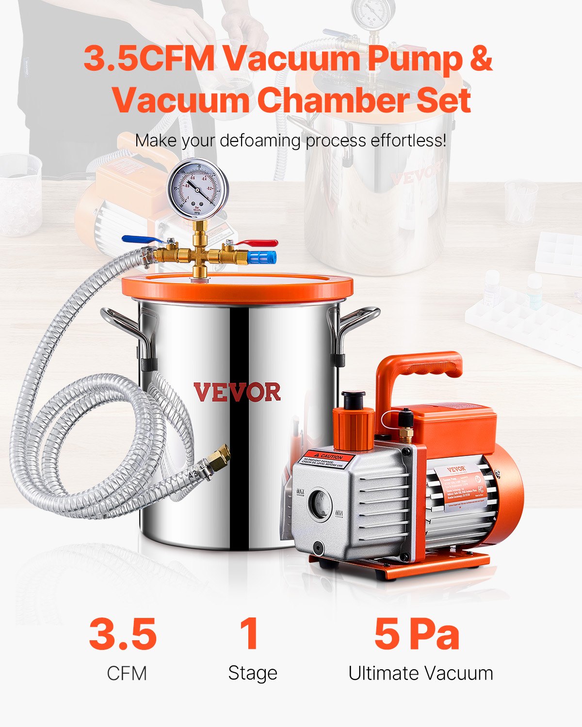 VEVOR 11 L(3 Gallon) Vacuum Chamber and 100 L/min(3.5 CFM) Pump Kit, Stainless Steel Chamber, Single Stage Vacuum Pump Degassing Chamber Kit, with Acrylic Lid, Oil, 1.5m(4.92 ft) Hose, for Degassing Resin Silicone Epoxies