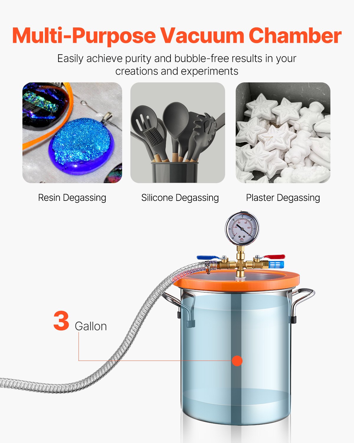 VEVOR 11 L(3 Gallon) Vacuum Chamber and 100 L/min(3.5 CFM) Pump Kit, Stainless Steel Chamber, Single Stage Vacuum Pump Degassing Chamber Kit, with Acrylic Lid, Oil, 1.5m(4.92 ft) Hose, for Degassing Resin Silicone Epoxies