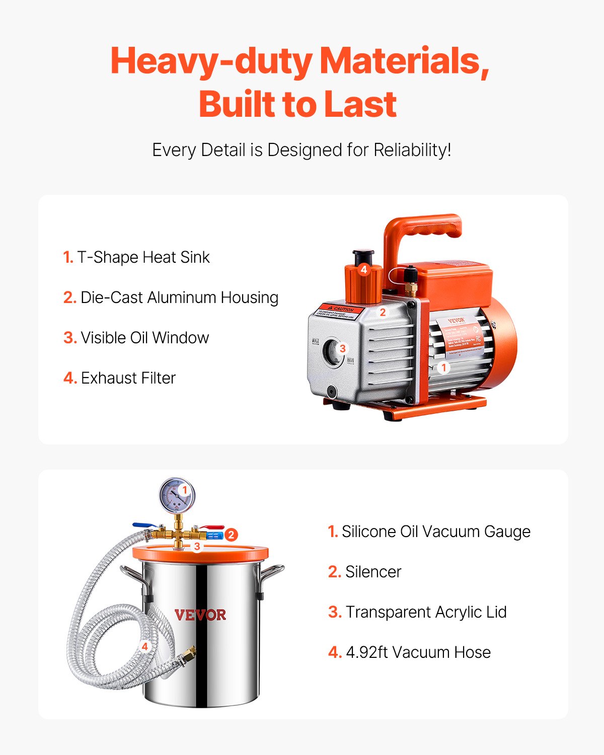 VEVOR 11 L(3 Gallon) Vacuum Chamber and 100 L/min(3.5 CFM) Pump Kit, Stainless Steel Chamber, Single Stage Vacuum Pump Degassing Chamber Kit, with Acrylic Lid, Oil, 1.5m(4.92 ft) Hose, for Degassing Resin Silicone Epoxies