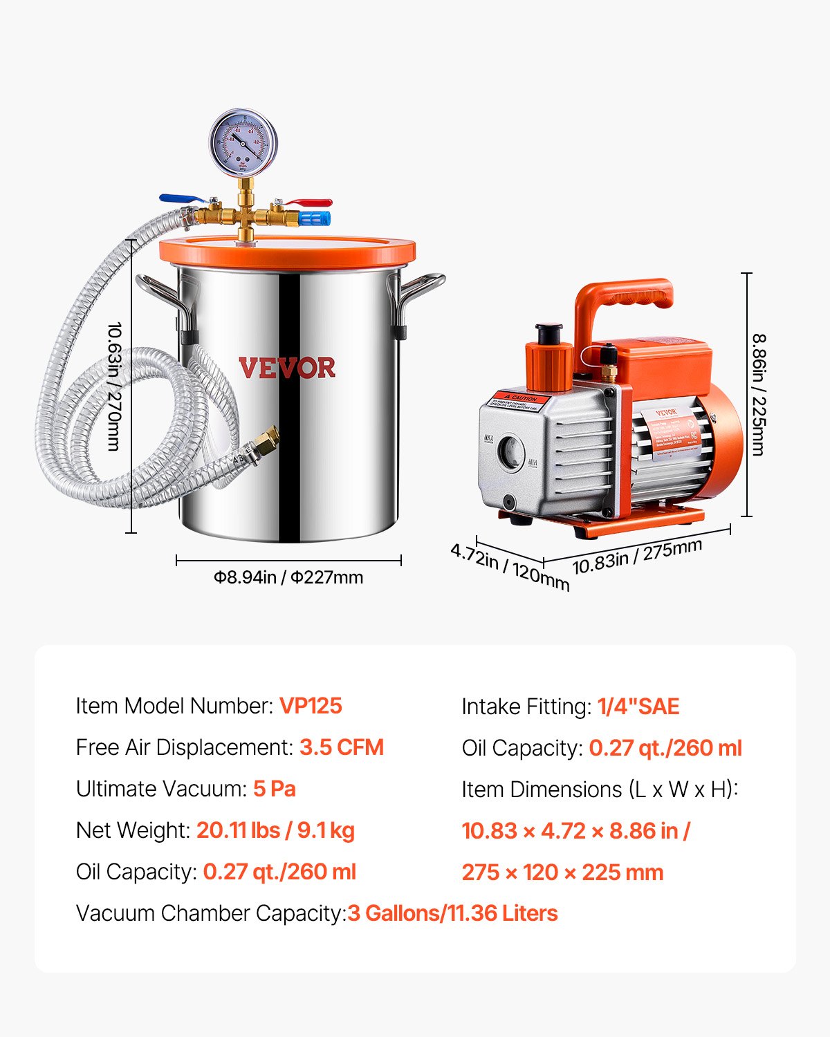 VEVOR 11 L(3 Gallon) Vacuum Chamber and 100 L/min(3.5 CFM) Pump Kit, Stainless Steel Chamber, Single Stage Vacuum Pump Degassing Chamber Kit, with Acrylic Lid, Oil, 1.5m(4.92 ft) Hose, for Degassing Resin Silicone Epoxies