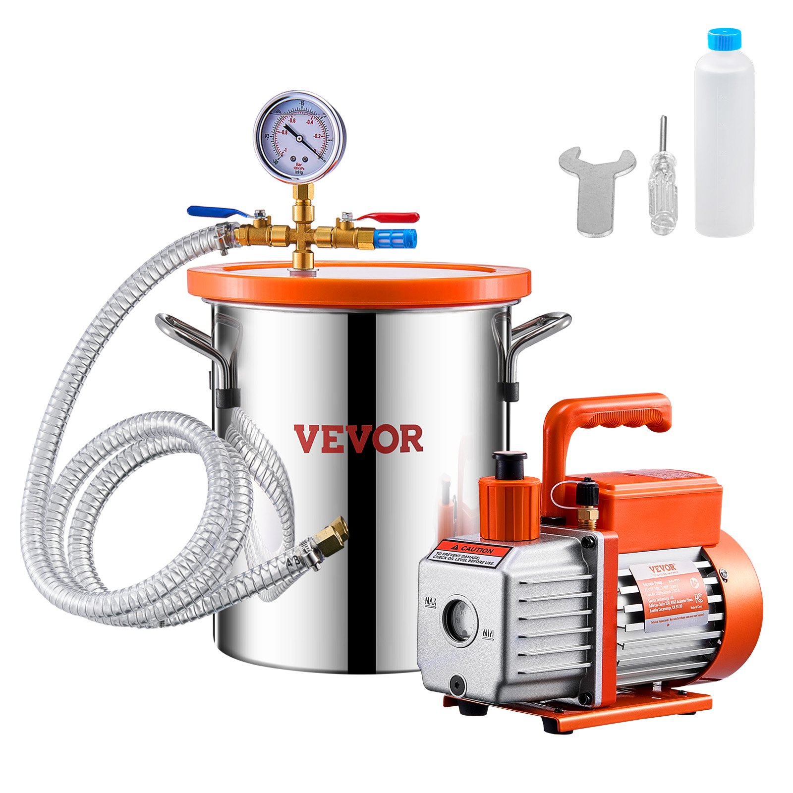 VEVOR 11 L(3 Gallon) Vacuum Chamber and 100 L/min(3.5 CFM) Pump Kit, Stainless Steel Chamber, Single Stage Vacuum Pump Degassing Chamber Kit, with Acrylic Lid, Oil, 1.5m(4.92 ft) Hose, for Degassing Resin Silicone Epoxies
