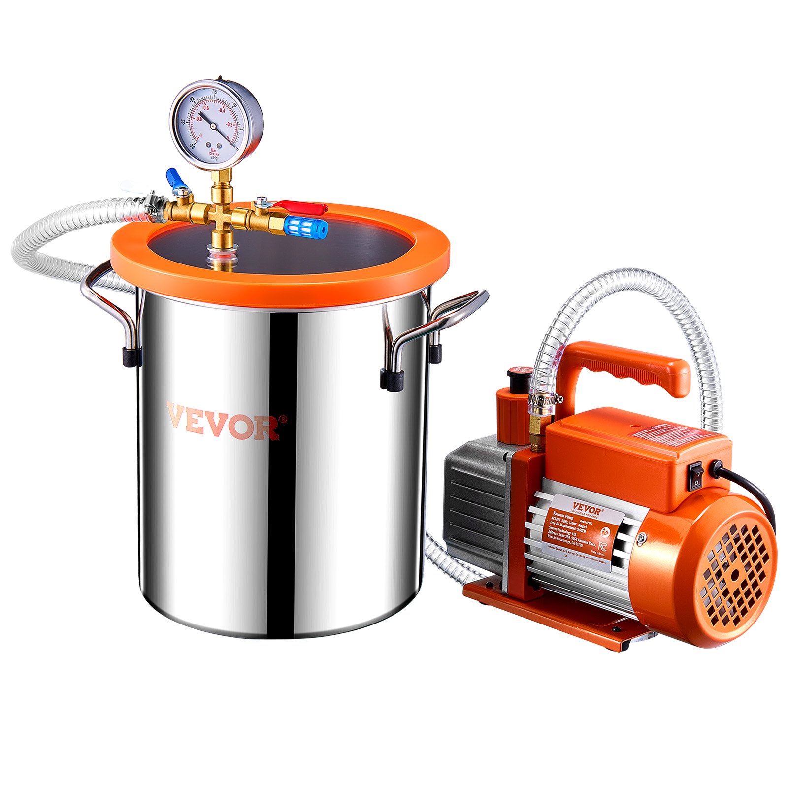 VEVOR 11 L(3 Gallon) Vacuum Chamber and 100 L/min(3.5 CFM) Pump Kit, Stainless Steel Chamber, Single Stage Vacuum Pump Degassing Chamber Kit, with Acrylic Lid, Oil, 1.5m(4.92 ft) Hose, for Degassing Resin Silicone Epoxies