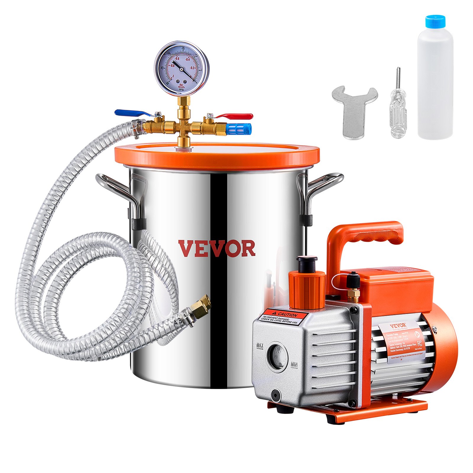 VEVOR 11 L(3 Gallon) Vacuum Chamber and 100 L/min(3.5 CFM) Pump Kit, Stainless Steel Chamber, Single Stage Vacuum Pump Degassing Chamber Kit, with Acrylic Lid, Oil, 1.5m(4.92 ft) Hose, for Degassing Resin Silicone Epoxies
