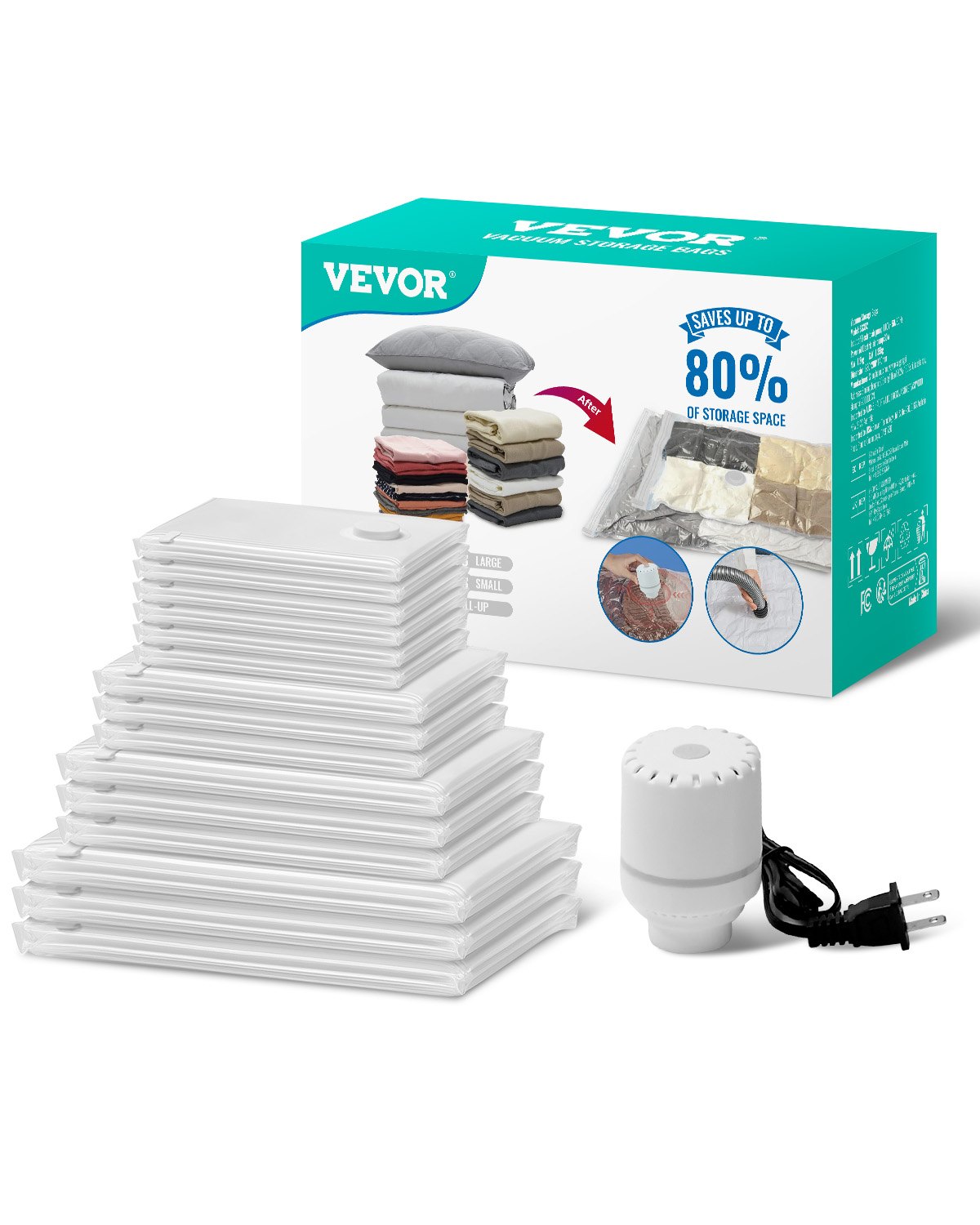 VEVOR Vacuum Storage Bags, 15 Pack Space Saver Seal Bag(3 Jumbo/3 Large/3 Medium/3 Small/3 Roll), Compression Airtight Zipper Space Bags with Electric Pump, for Cloth, Bedding, Blanket, Pillow, Travel