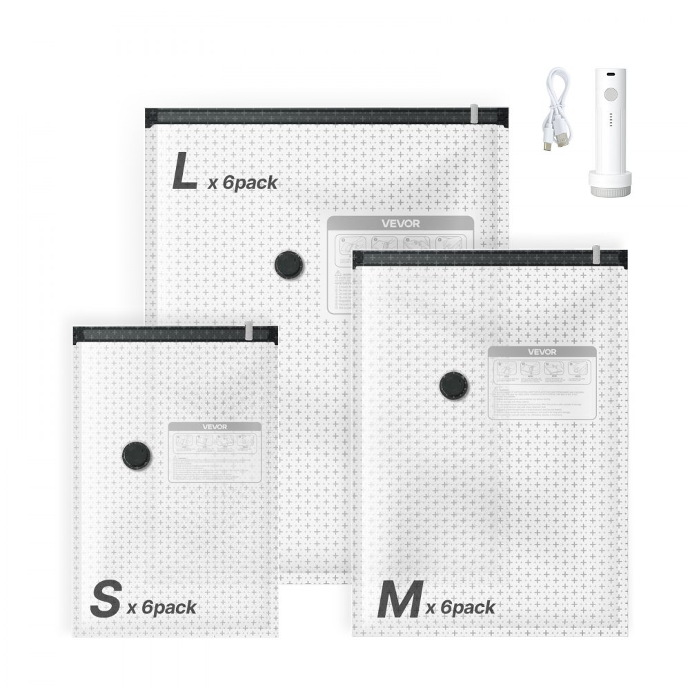 VEVOR Vacuum Storage Bags, 18 Pack Space Saver Vacuum Seal Bags for Clothing, with Pump and Charging Cable, Double Zipper Seal, Thickened PA and PE, Compression for Clothes Storage, Travel Luggage