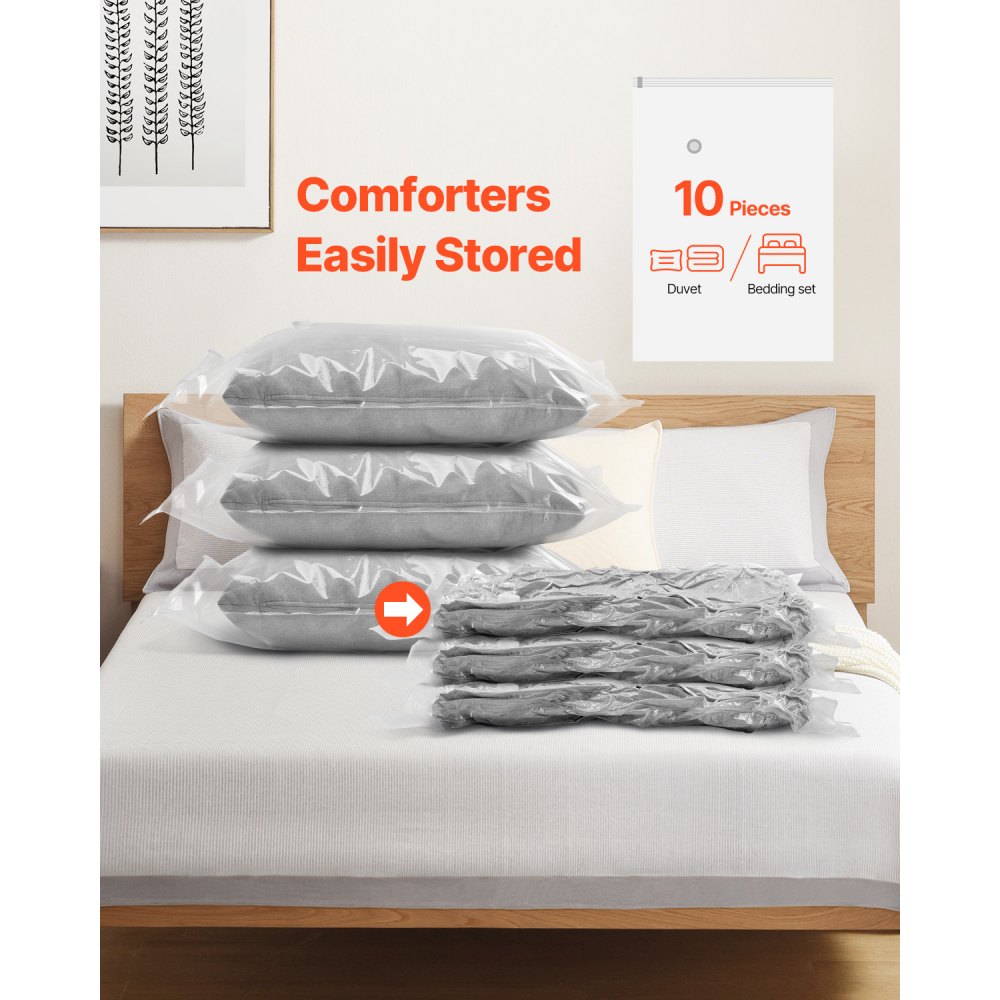 VEVOR Vacuum Storage Bags, 10 Jumbo Space Saver Vacuum Seal Bags, Compression Airtight Space Bags, Zipper Sealer Bags for Clothes, Bedding, Blanket, Pillows, Comforters, Travel (Hand Pump Included)