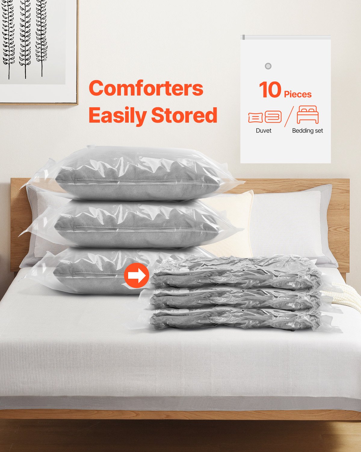 VEVOR Vacuum Storage Bags, 10 Jumbo Space Saver Vacuum Seal Bags, Compression Airtight Space Bags, Zipper Sealer Bags for Clothes, Bedding, Blanket, Pillows, Comforters, Travel (Hand Pump Included)