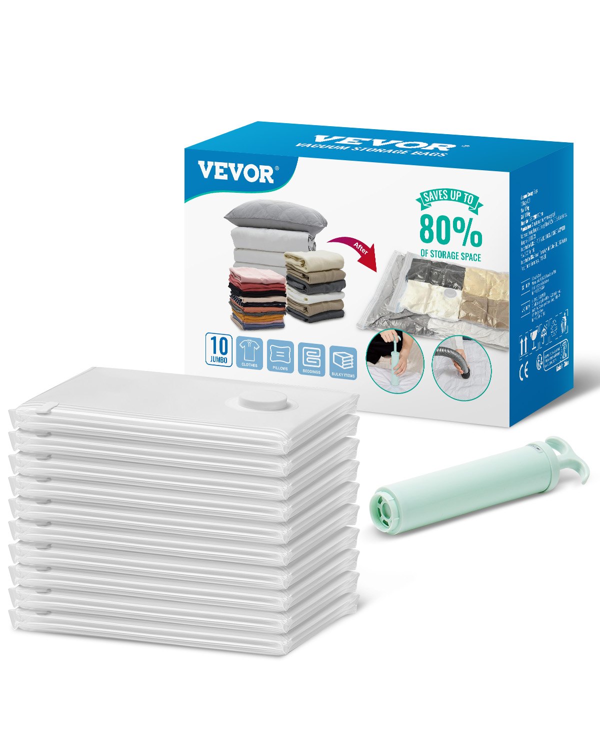 VEVOR Vacuum Storage Bags, 10 Jumbo Space Saver Vacuum Seal Bags, Compression Airtight Space Bags, Zipper Sealer Bags for Clothes, Bedding, Blanket, Pillows, Comforters, Travel (Hand Pump Included)
