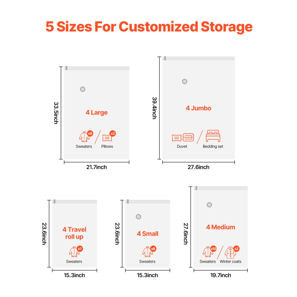 VEVOR Vacuum Storage Bags, 20 Pack Space Saver Seal Bag(4 Jumbo/4 Large/4 Medium/4 Small/4 Roll), Compression Airtight Zipper Space Bags with Hand Pump, for Cloth, Bedding, Blanket, Pillow, Travel