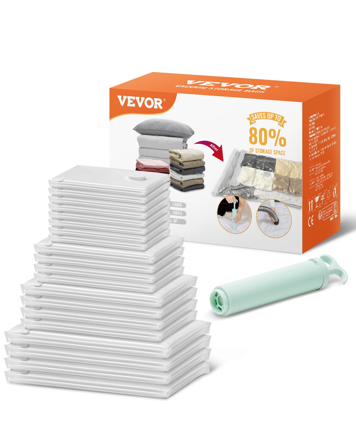 VEVOR Vacuum Storage Bags, 20 Pack Space Saver Seal Bag(4 Jumbo/4 Large/4 Medium/4 Small/4 Roll), Compression Airtight Zipper Space Bags with Hand Pump, for Cloth, Bedding, Blanket, Pillow, Travel
