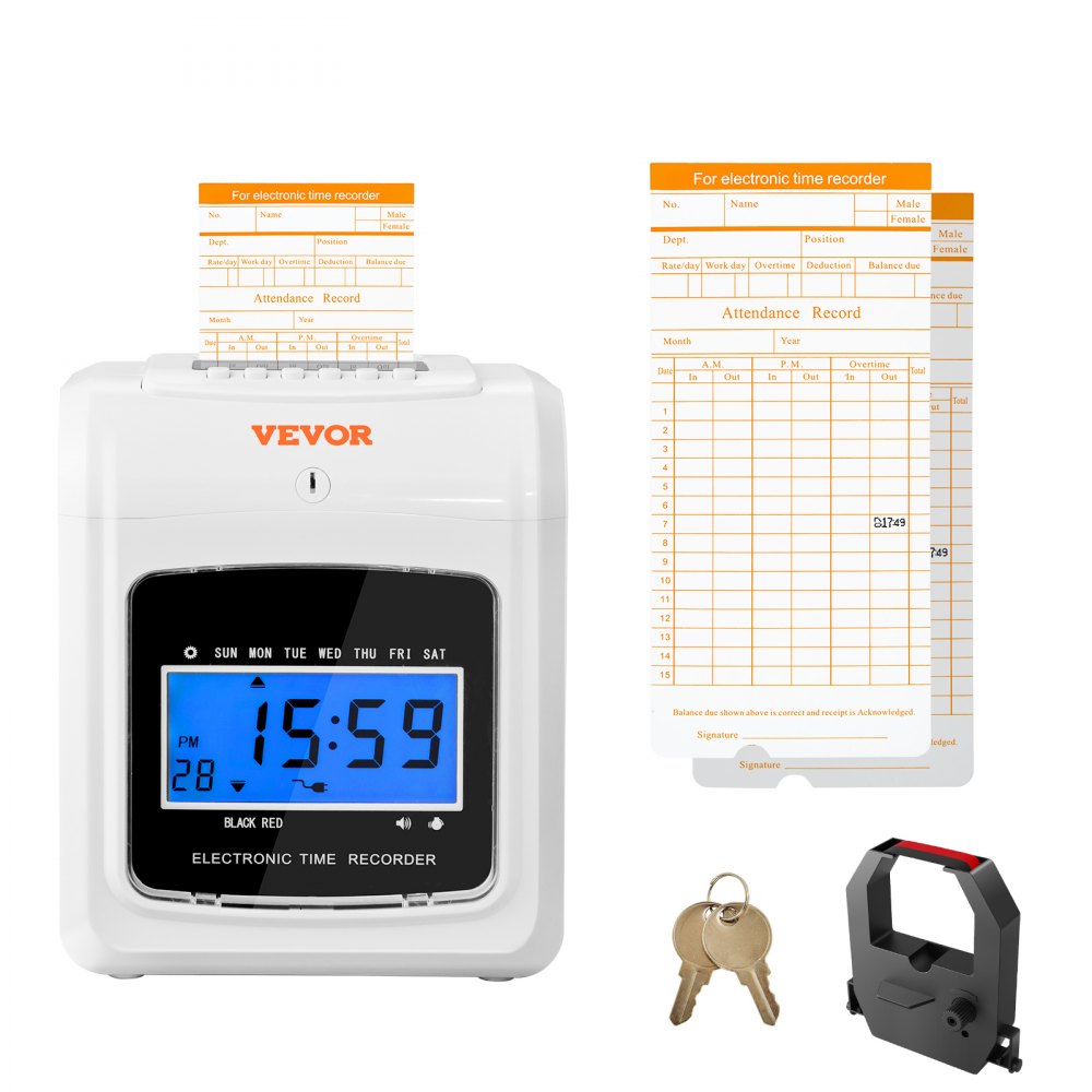 VEVOR Punch Time Clock, Time Tracker-maskin for ansatte i småbedrifter, 6 slag/dag, inkluderer 52 tidskort, 1 blekkbånd og 2 sikkerhetsnøkler