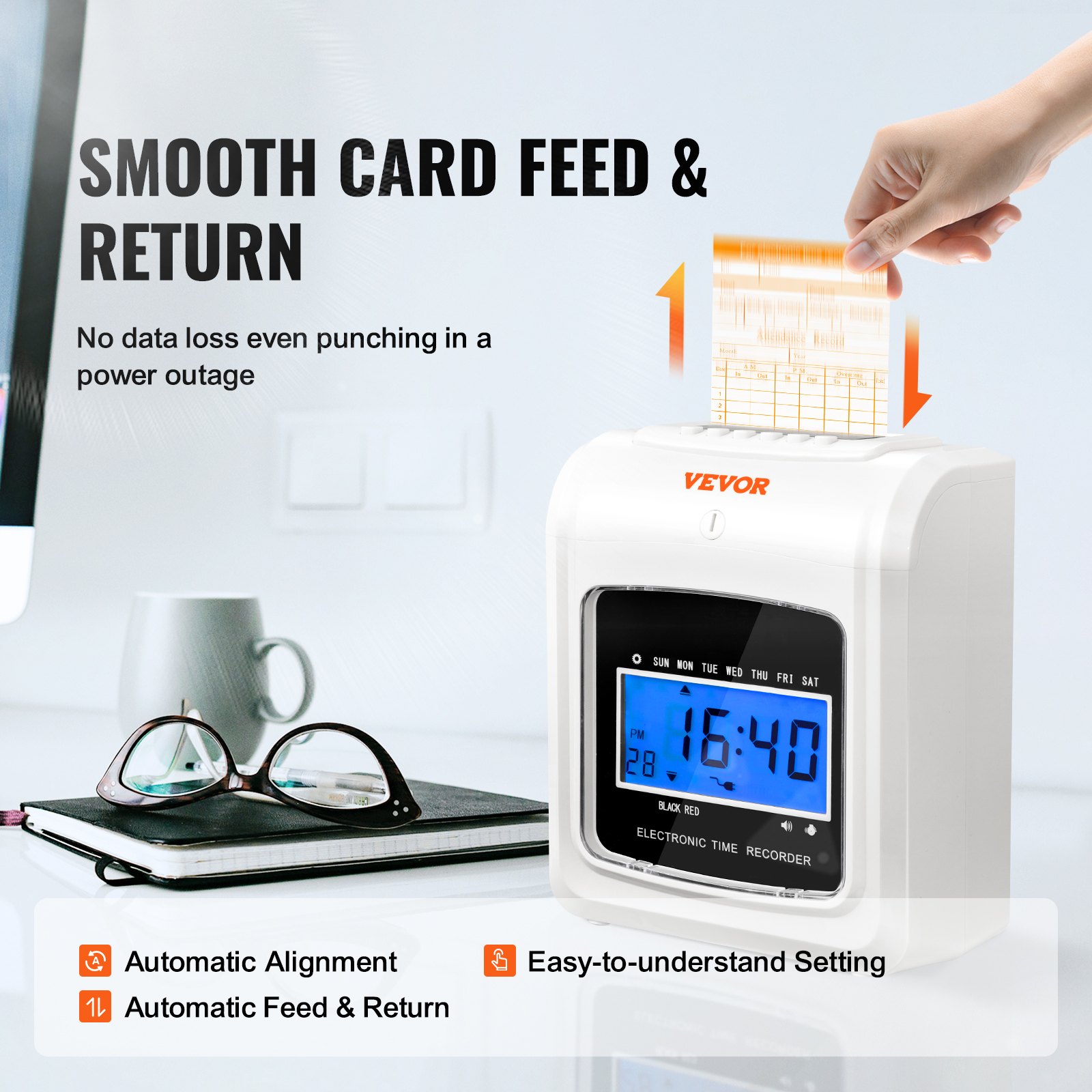 VEVOR Punch Time Clock, Time Tracker Machine for Employees of Small Business, 6 Punches/day, Includes 52 Time Cards, 1 Ink Ribbon and 2 Security Keys