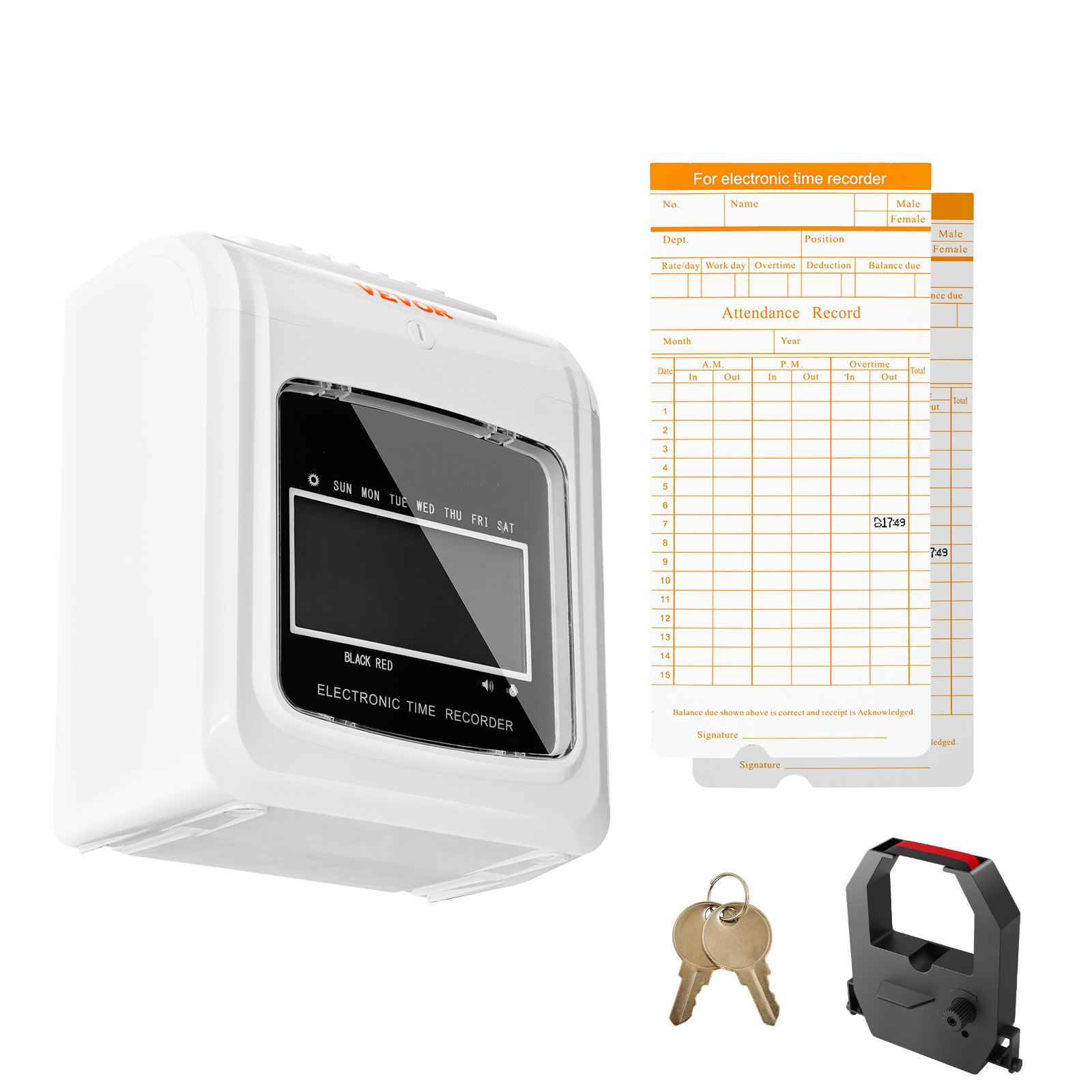VEVOR Punch Time Clock, Time Tracker Machine for Employees of Small Business, 6 Punches/day, Includes 52 Time Cards, 1 Ink Ribbon and 2 Security Keys