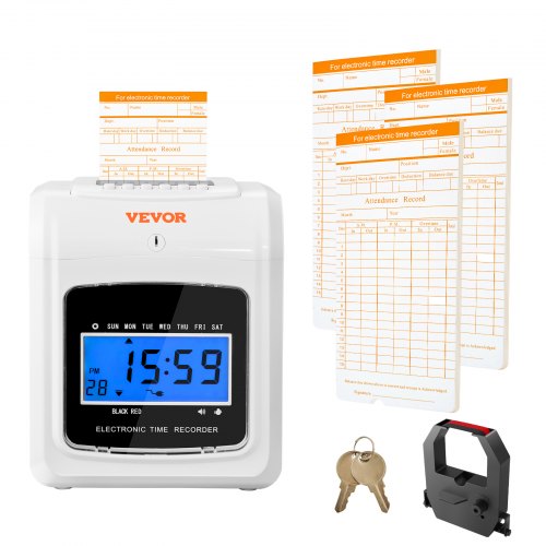 VEVOR Punch Time Clock, Time Tracker Machine for Employees of Small Business, 6 Punches per Day, Time Clock Punch Machine Includes 102 Time Cards, 1 Ink Ribbon and 2 Security Keys