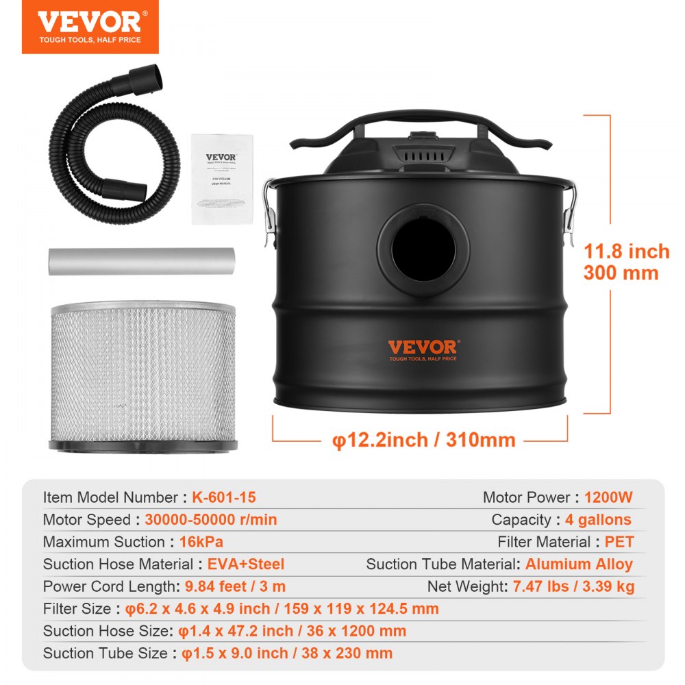 VEVOR Ash Vacuum Cleaner, 4 Gallon with 1200W Powerful Suction, Ash Vac Collector with 47.2 in Flexible Hose, for Fireplaces, Pellet Stoves, Wood Stove, Log Burner, Grills, Pizza Ovens, Fire Pits