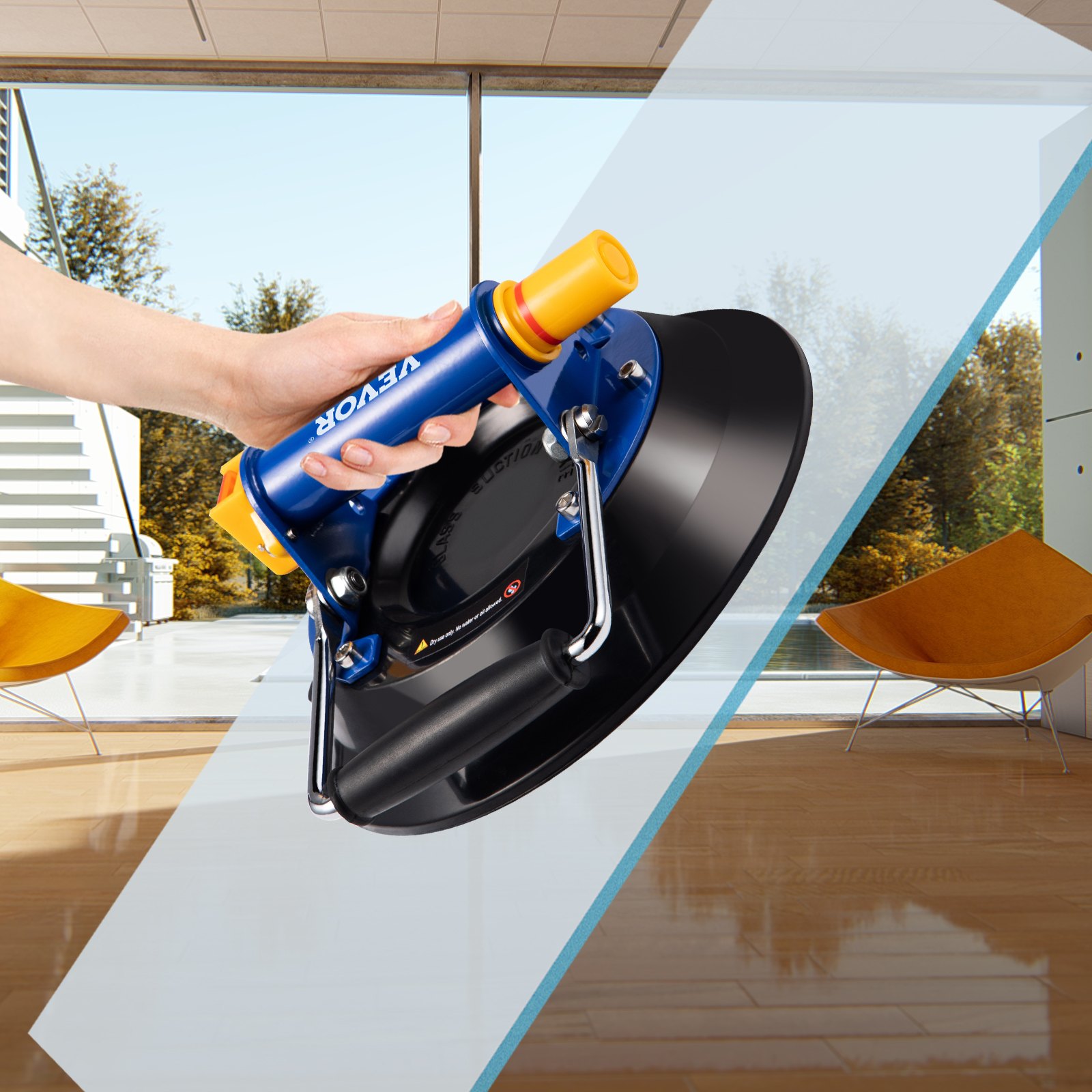 hand holding a VEVOR glass lifting vacuum suction cup in a modern interior setting.