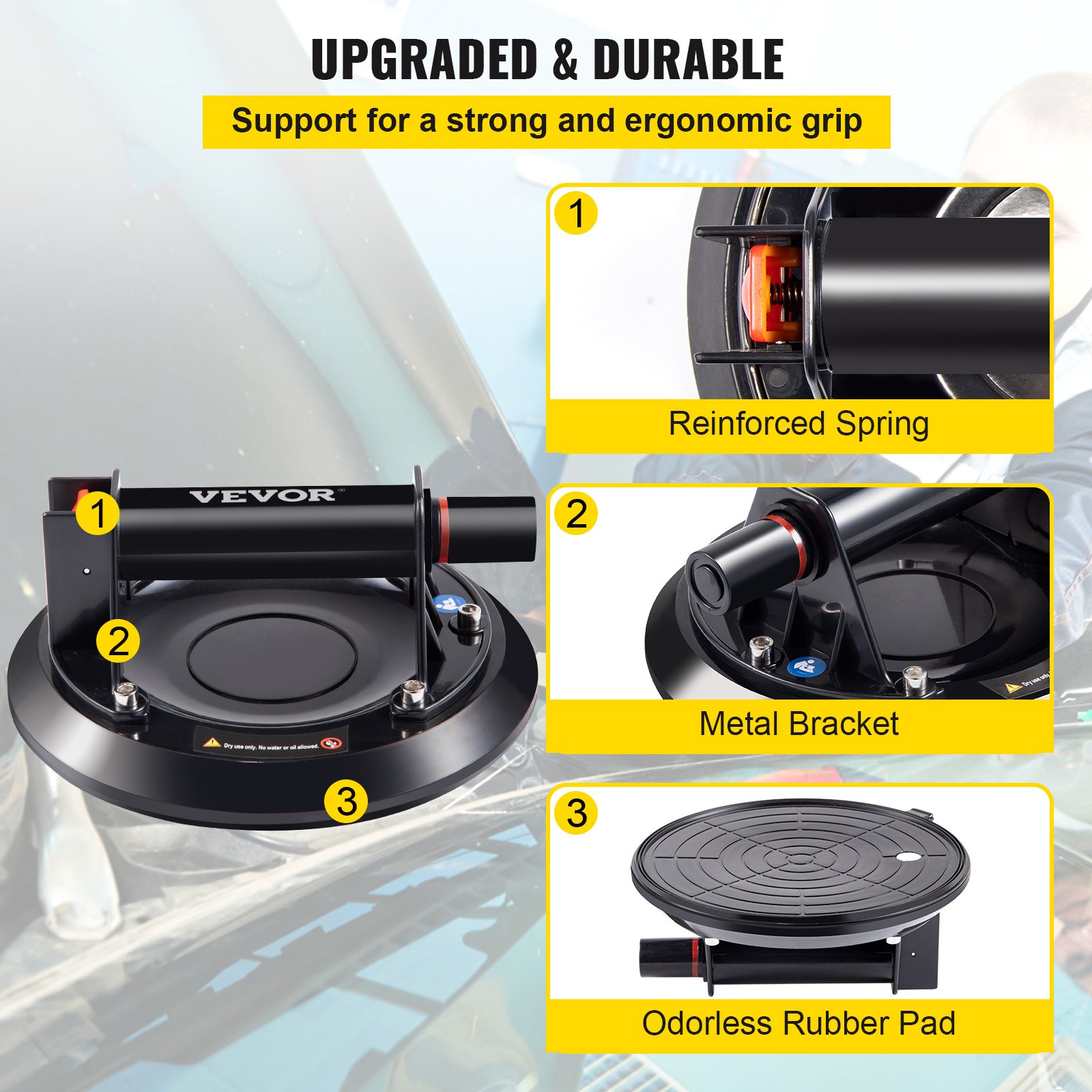 VEVOR glass lifting suction cup with reinforced spring, metal bracket, rubber pad.