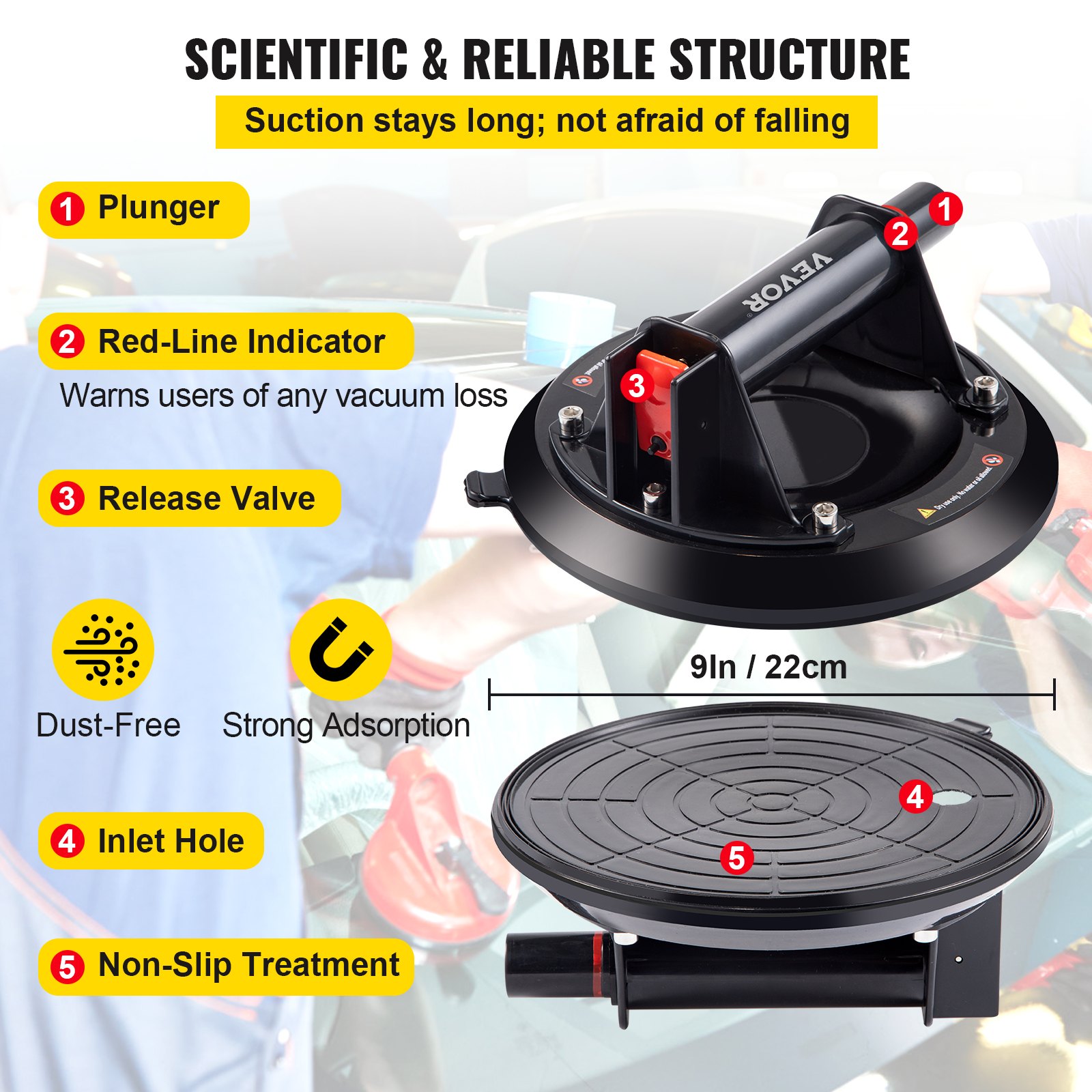 VEVOR glass lifting suction cup with plunger, red-line indicator, and release valve.