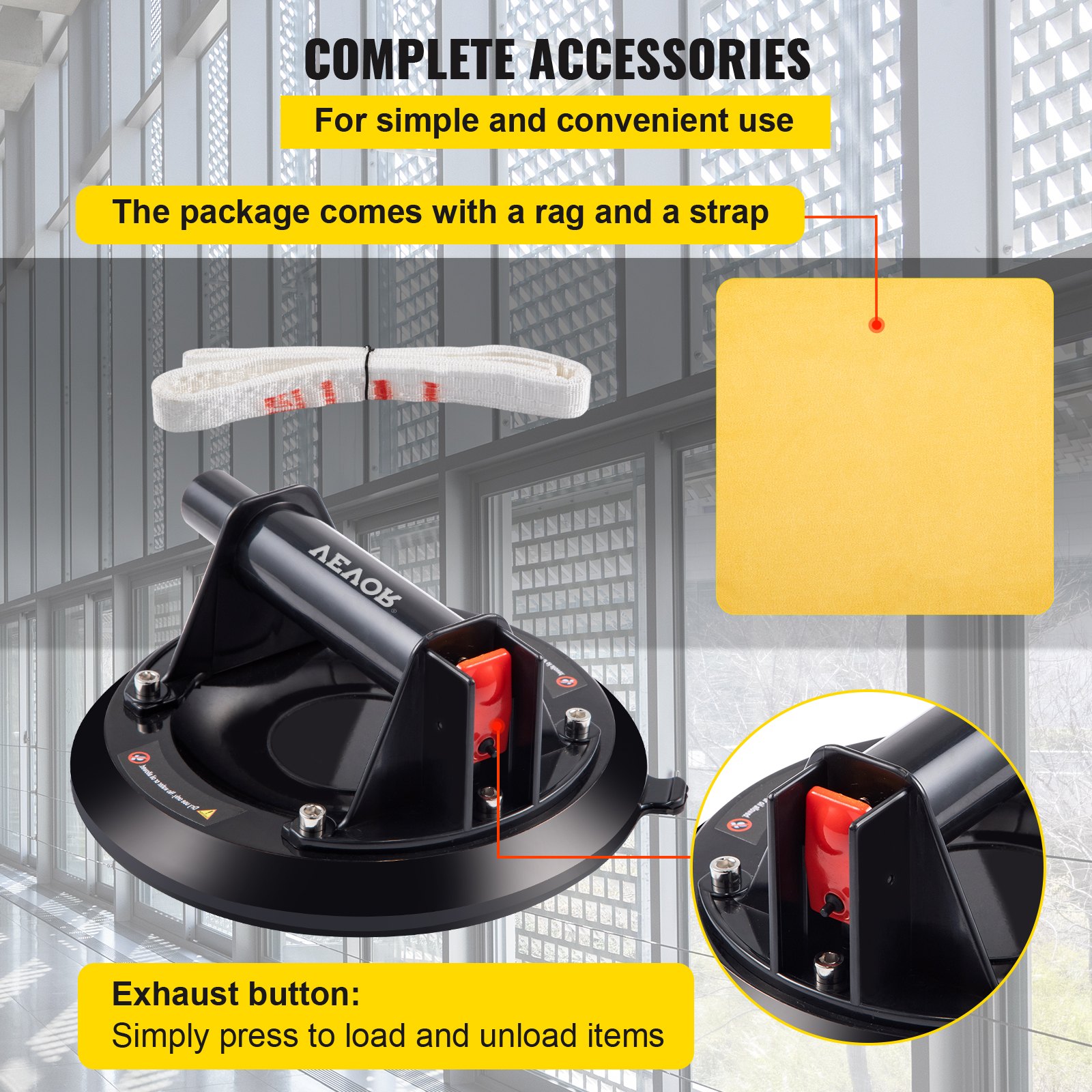 VEVOR glass lifting suction cup with rag, strap, and the exhaust button highlighted.