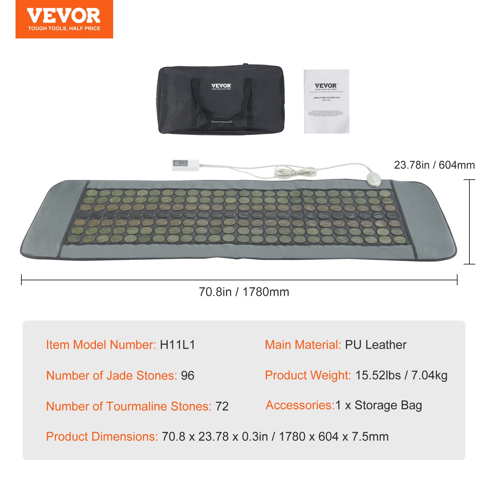 VEVOR Far Infrared Heating Pad for Full Body, 96 Natural Jade & 72 Tourmaline Stone Heating Pad for Back Shoulder Leg, 103-159 ℉ Heating Mat with Smart Controller & Auto-Off (Large 70.8" x 23.78")