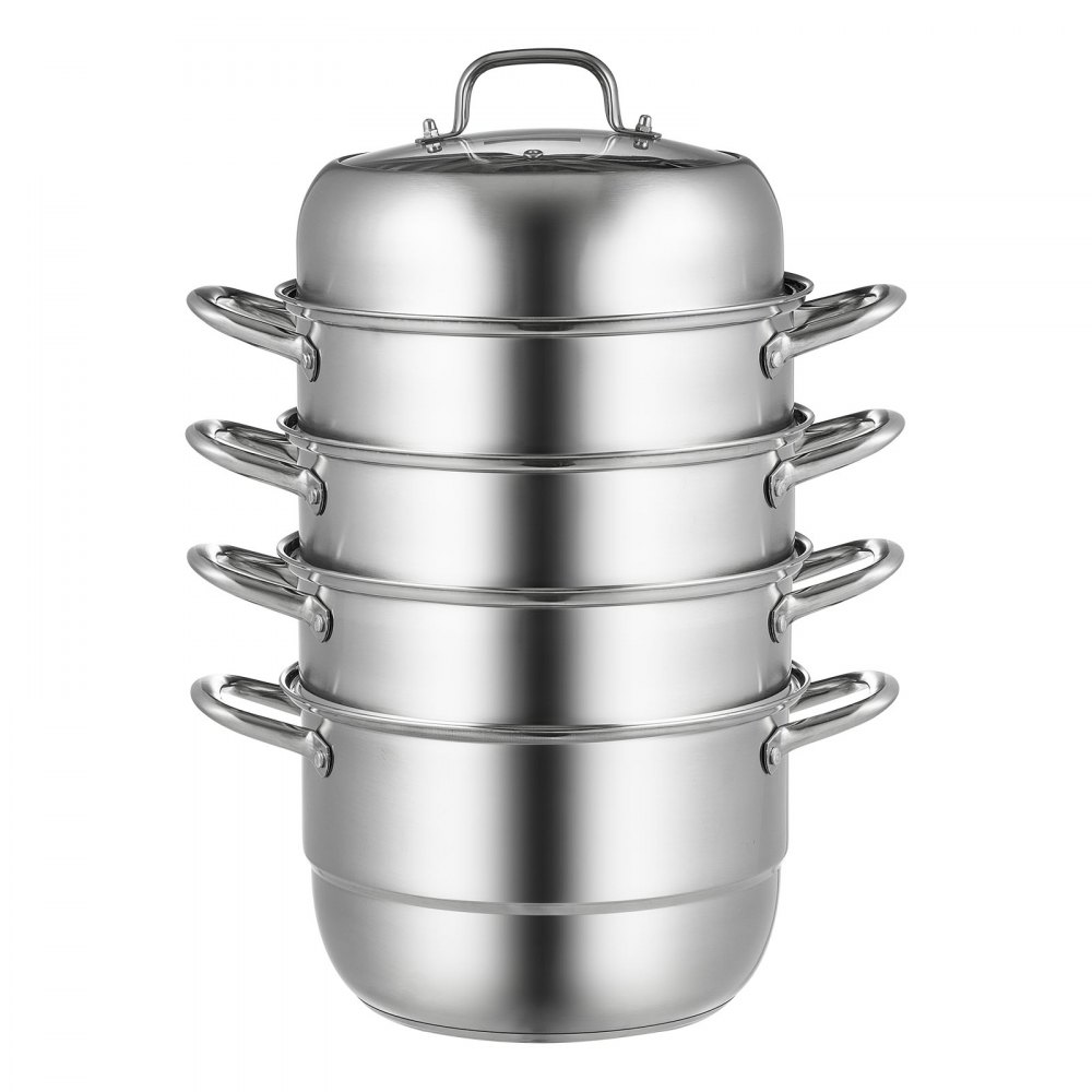 VEVOR stainless steel steamer with four stackable tiers and lid, stainless finish.