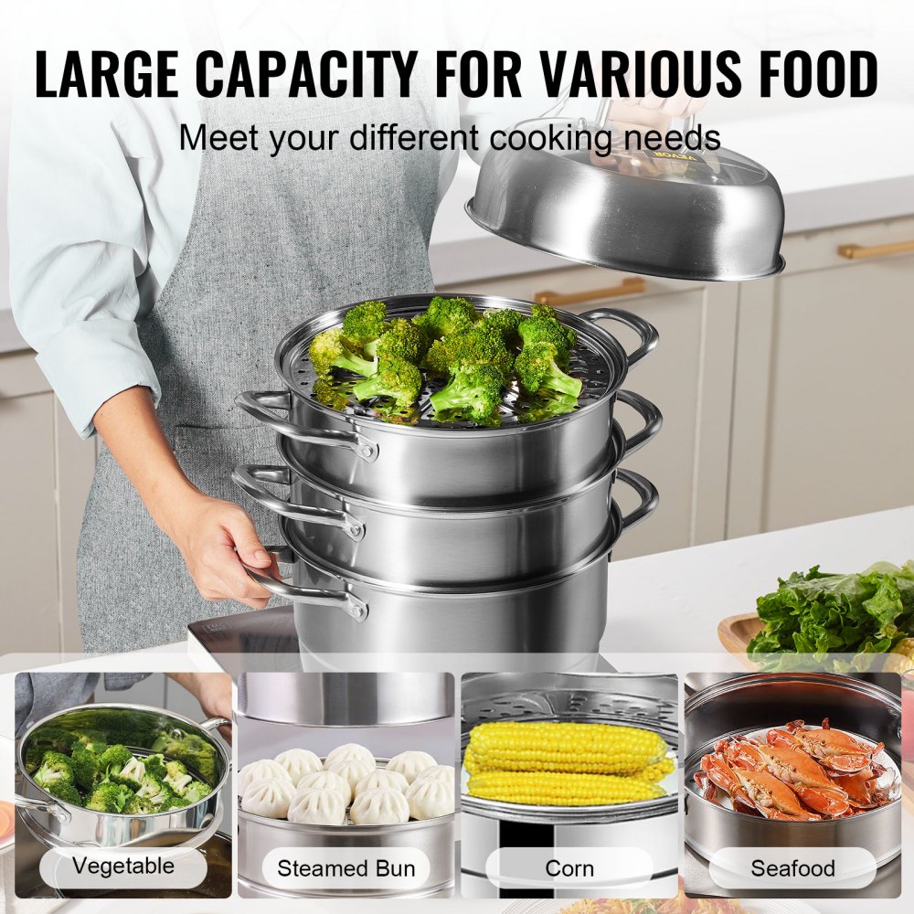 Vaporera VEVOR de 28 cm, 5 niveles, olla de 8,5 cuartos de galón, 3 vaporeras para verduras y 2 bandejas, acero inoxidable 304 apto para uso alimentario, ideal para cocinas eléctricas y de gas.