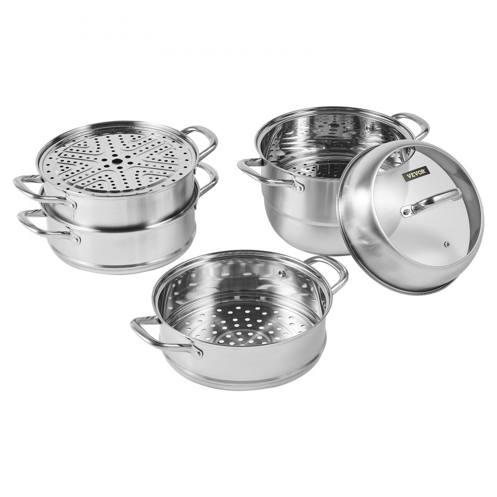Vaporera VEVOR de 28 cm, 5 niveles, olla de 8,5 cuartos de galón, 3 vaporeras para verduras y 2 bandejas, acero inoxidable 304 apto para uso alimentario, ideal para cocinas eléctricas y de gas.