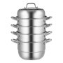 VEVOR stainless steel steamer with four stackable tiers and lid, stainless finish.