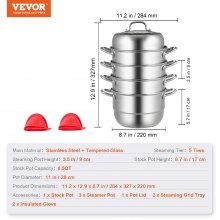 28CM Stainless Steel Food Steamer Set Glass Lid 5 Tier Kitchen Pan Cookware
