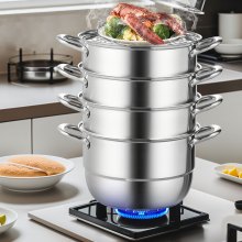 VEVOR 5-Tier Stainless Steel Steamer, 11'' Multi-Layer Cookware Pot with Handles on Both Sides, Work with Gas, Electric, Grill Stove Top, Dia-28cm, Sliver