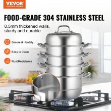 VEVOR 5-Tier Stainless Steel Steamer, 11'' Multi-Layer Cookware Pot with Handles on Both Sides, Work with Gas, Electric, Grill Stove Top, Dia-28cm, Sliver