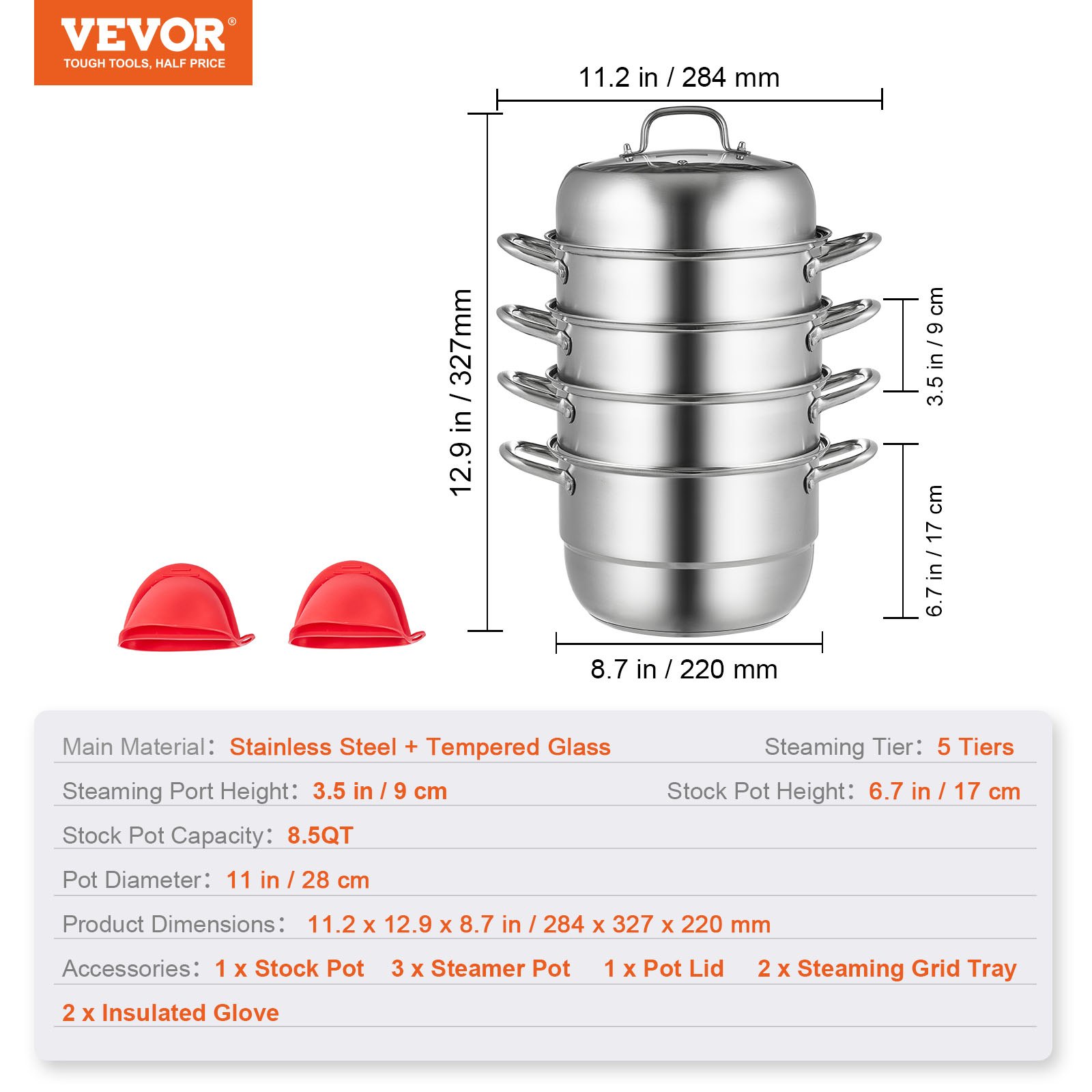 VEVOR stainless steel steamer with 5 tiers and insulated gloves, featuring dimensions.
