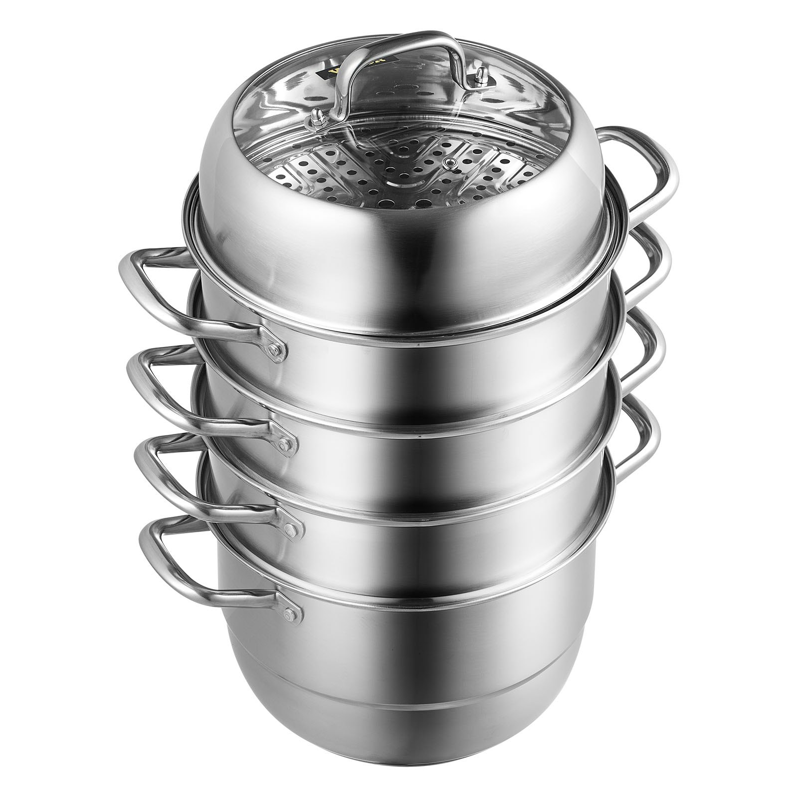 five-tier VEVOR stainless steel steamer with glass lid and multiple handles.