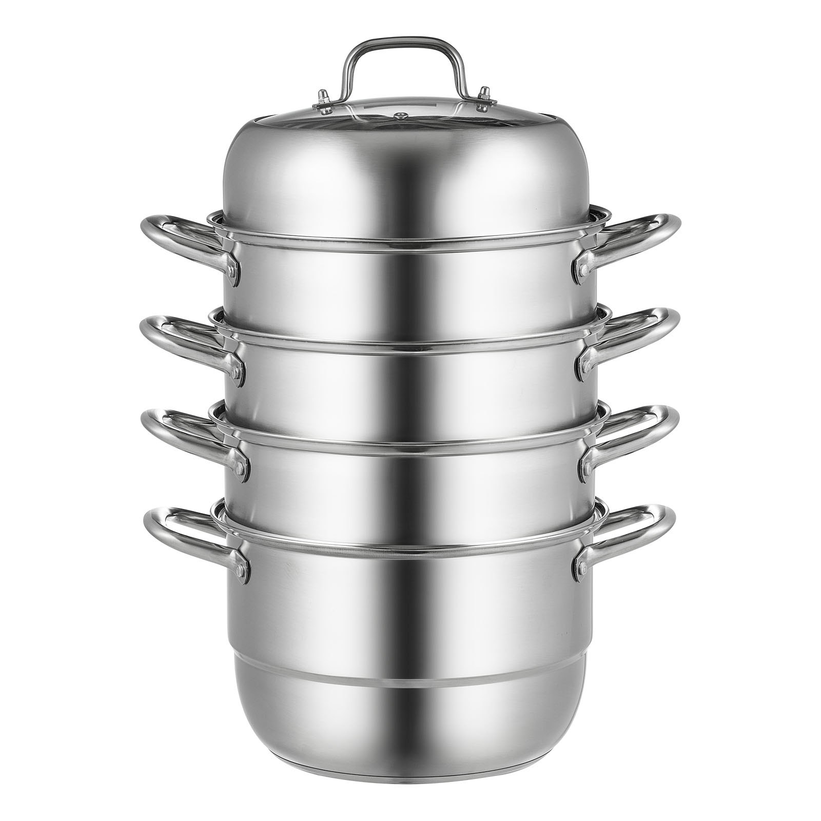 VEVOR stainless steel steamer with four stackable tiers and lid, stainless finish.