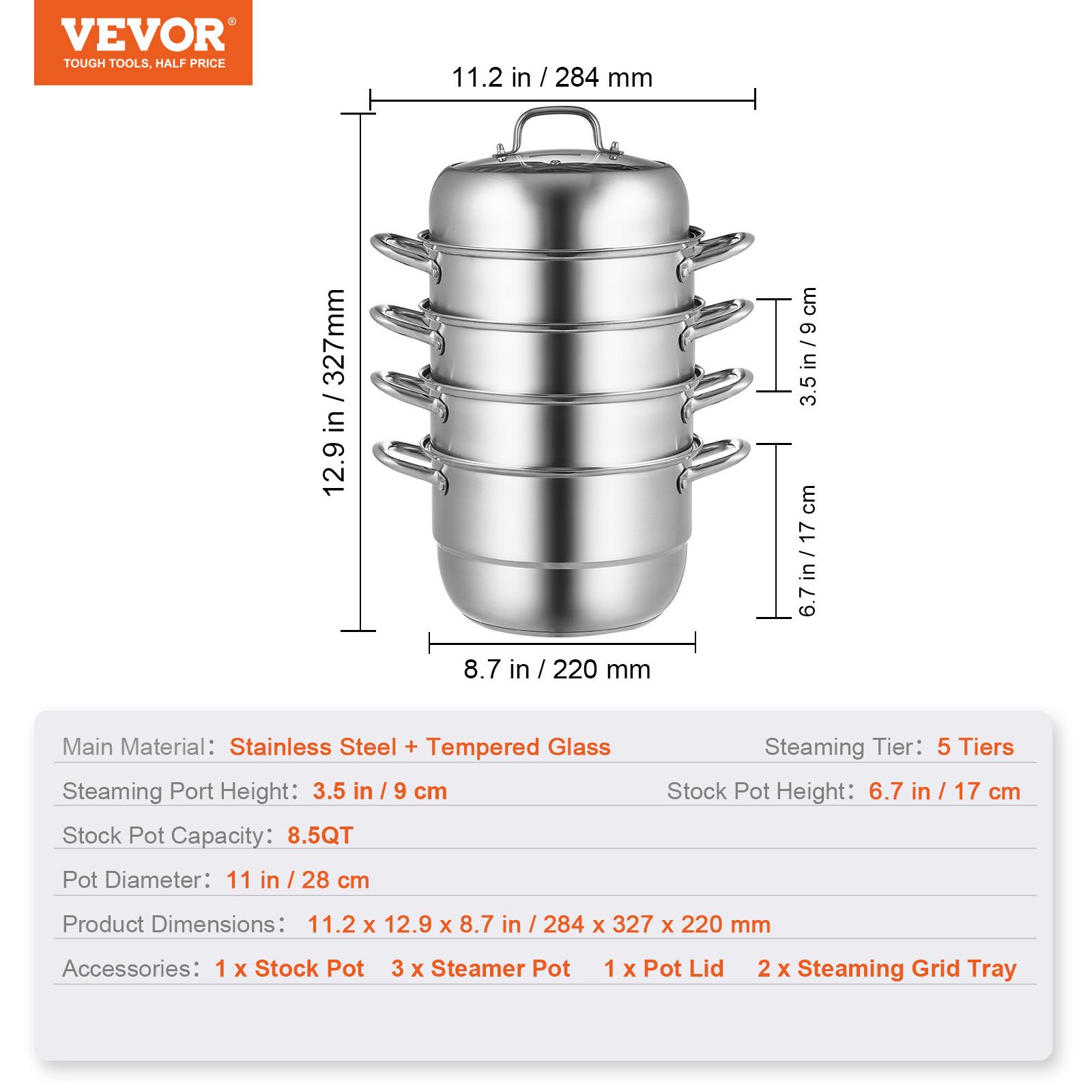 VEVOR Food Steamers Stainless Steel 5 Titer Stainless Steel Steamers for Cooking 28cm/11inch Food Steamer Pot Set Suitable for Gas Electric Grill Stove Top Ceramic Halogen Induction