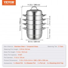 VEVOR Dumpling Steamer Stainless Steel 5 Titer Stainless Steel Steamer Work For Cooking 30cm/11.8inch Food Steamer Pot with Gas Electric Grill Stove Top (Dia 30cm)