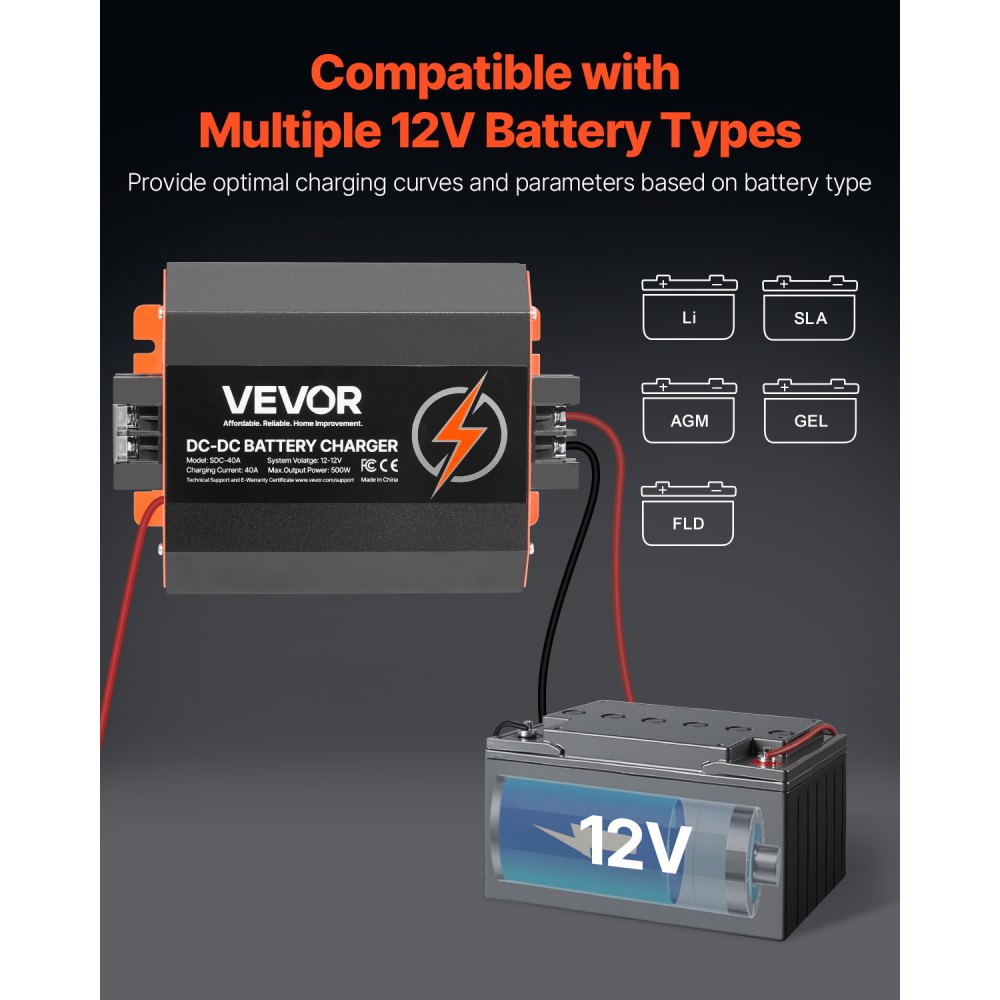 VEVOR 12V 40A DC to DC Battery Charger, 500W, On-Board Battery Charger for Lead-Acid, Lithium, AGM, GEL, and Flooded Batteries, Smart Multi-Stage Charging, for RVs, Commercial Vehicles, Boats, Yachts