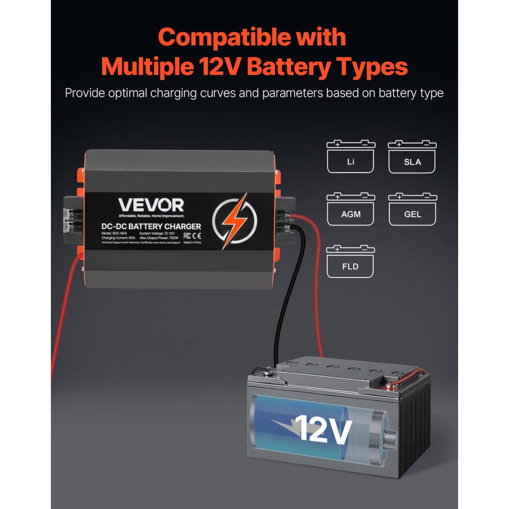 VEVOR 12V 60A DC to DC Battery Charger, 750W, On-Board Battery Charger for Lead-Acid, Lithium, AGM, GEL, and Flooded Batteries, Smart Multi-Stage Charging, for RVs, Commercial Vehicles, Boats, Yachts