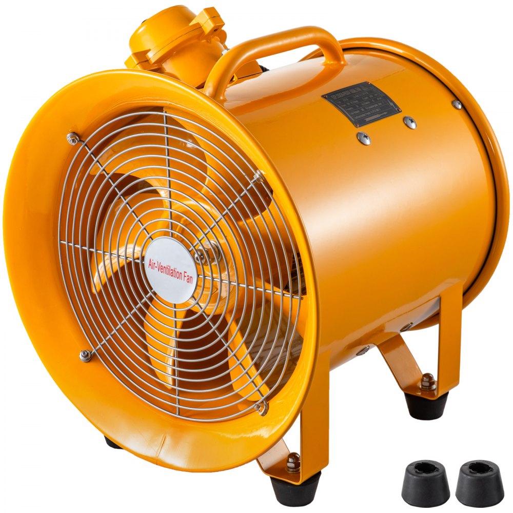 yellow VEVOR explosion proof fan with handle and air-ventilation grille.