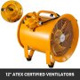 yellow 12" VEVOR explosion proof fan with handle and protective grille.