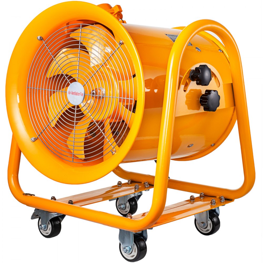 VEVOR explosion proof fan in bright yellow with sturdy wheels and protective grille.