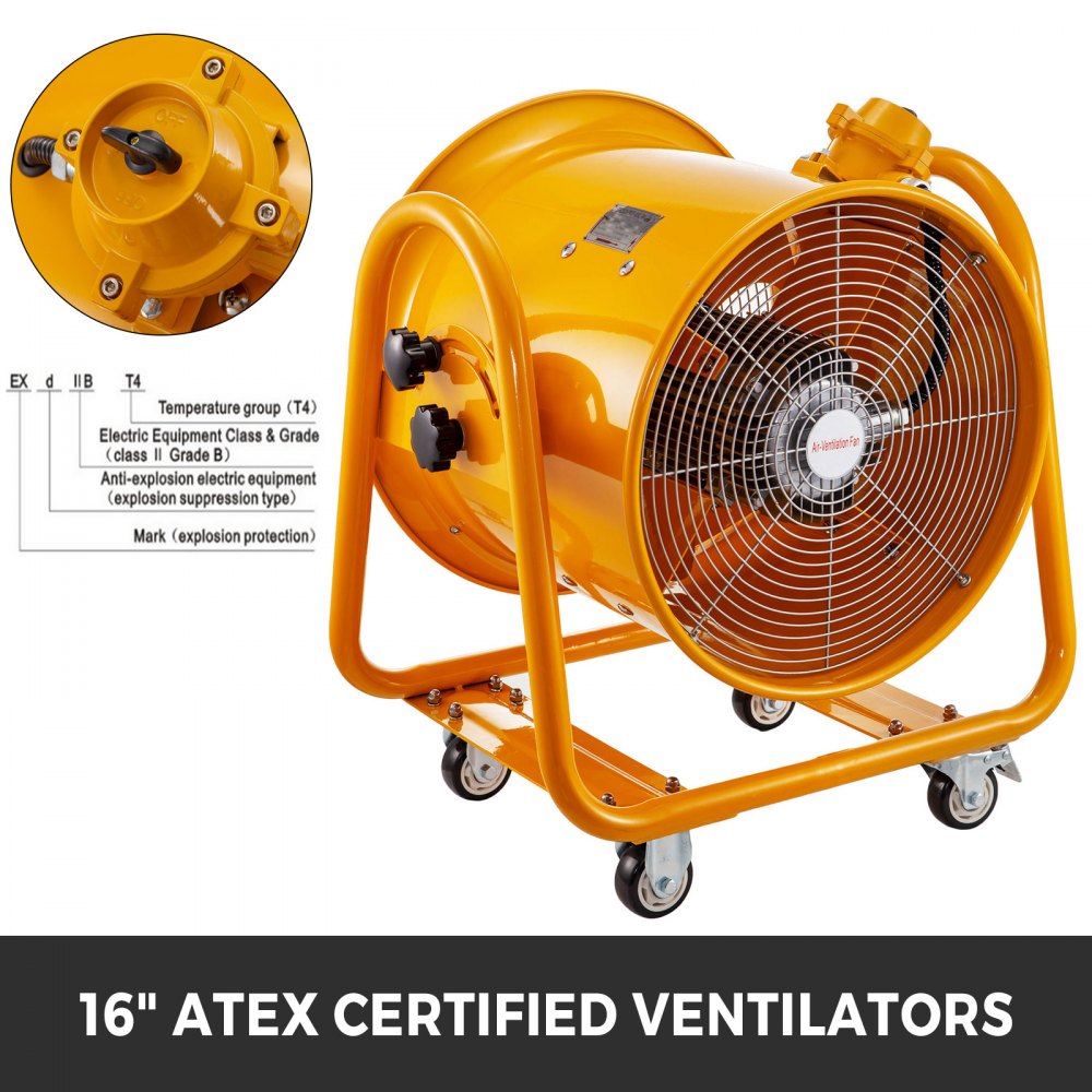 VEVOR Ventilador a prueba de explosiones, ventilador de 16 pulgadas, ventilador portátil de 1,1 KW, 110 V, ventilador a prueba de explosiones, ventilador de ventilación de 60 Hz, 3450 rpm para ventilación de extracción en entornos potencialmente explosivos