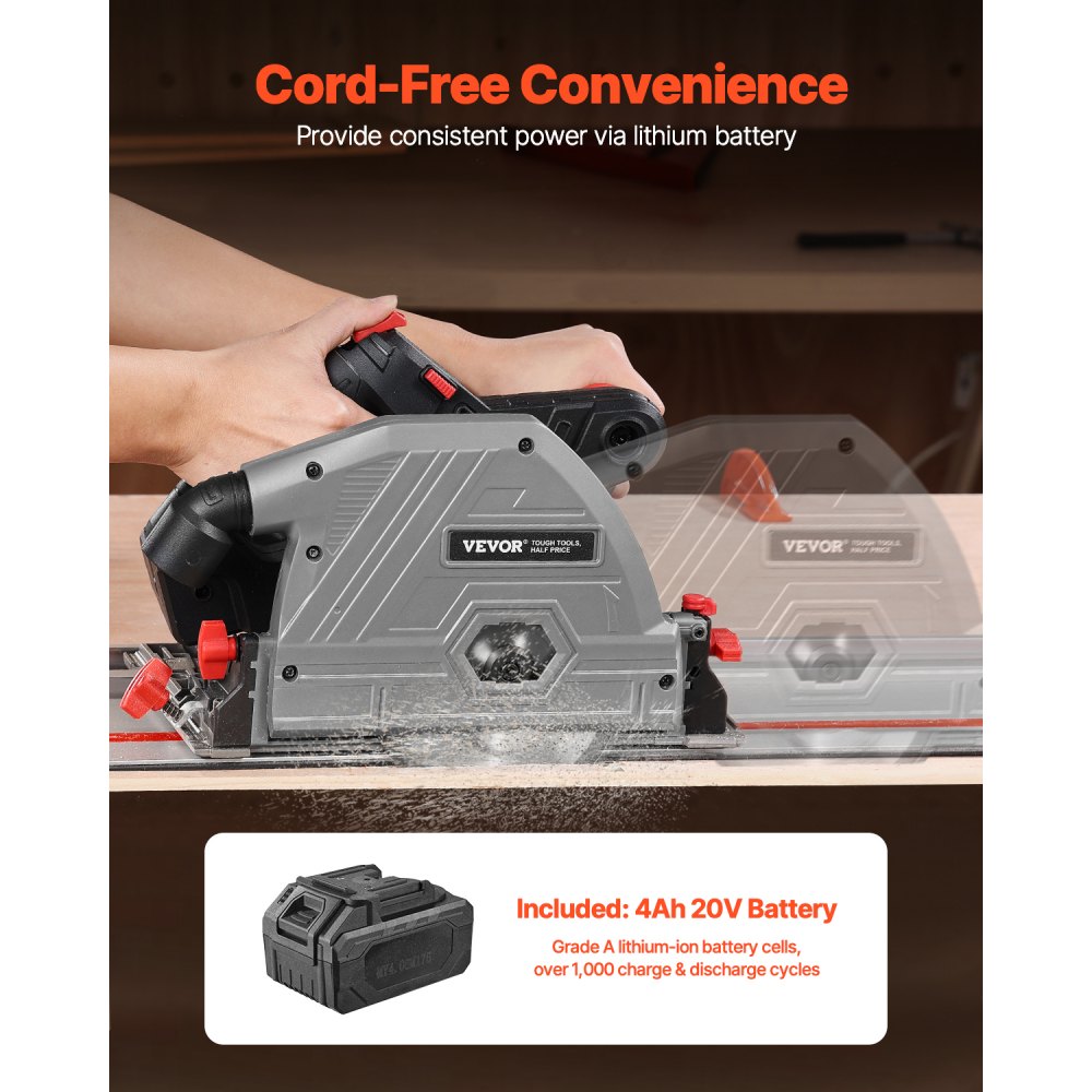 VEVOR Cordless Track Saw, 140 mm(5-1/2 in) Blade, Brushless Plunge Circular Saw Kit, Tracksaw with 4Ah 20V Battery, Hard Case, 52 mm(2.05 in) Cutting Depth, for Wood, Plastic, Tool Only (Guide Rail Sold Separately)