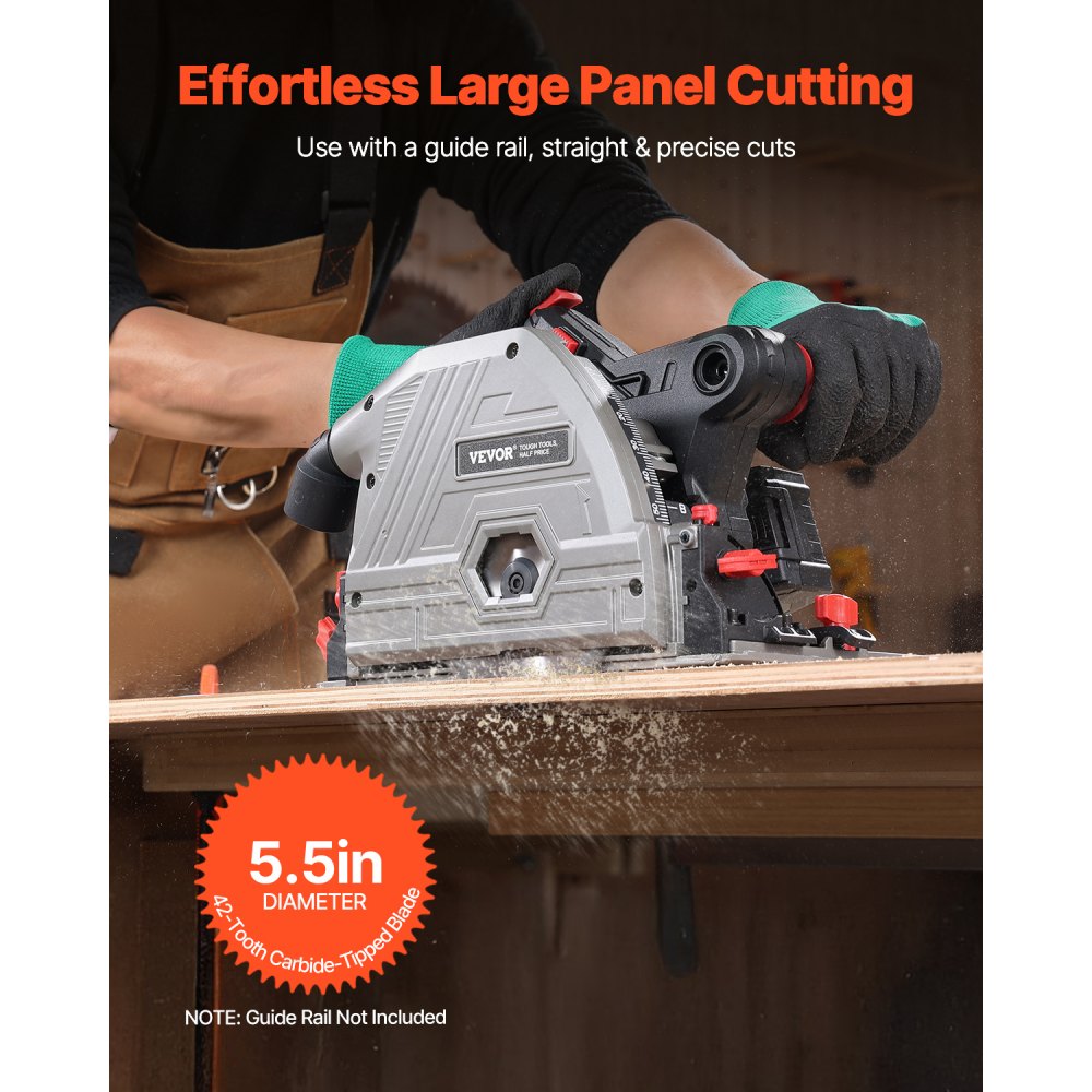 VEVOR Cordless Track Saw, 140 mm(5-1/2 in) Blade, Brushless Plunge Circular Saw Kit, Tracksaw with 4Ah 20V Battery, Hard Case, 52 mm(2.05 in) Cutting Depth, for Wood, Plastic, Tool Only (Guide Rail Sold Separately)