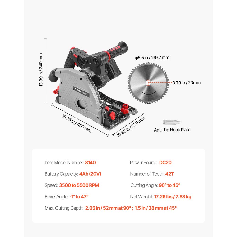 VEVOR Cordless Track Saw, 140 mm(5-1/2 in) Blade, Brushless Plunge Circular Saw Kit, Tracksaw with 4Ah 20V Battery, Hard Case, 52 mm(2.05 in) Cutting Depth, for Wood, Plastic, Tool Only (Guide Rail Sold Separately)