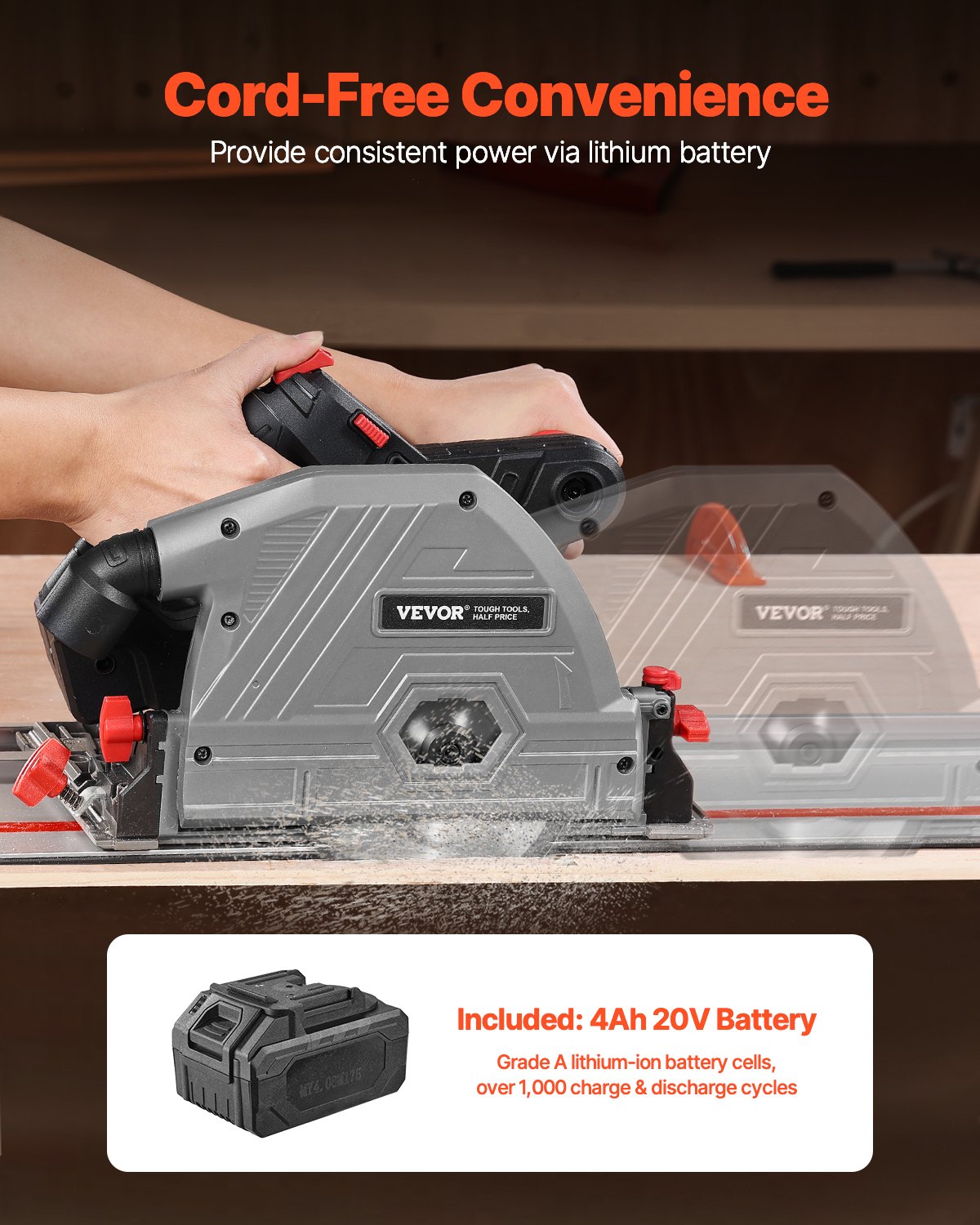 VEVOR Cordless Track Saw, 140 mm(5-1/2 in) Blade, Brushless Plunge Circular Saw Kit, Tracksaw with 4Ah 20V Battery, Hard Case, 52 mm(2.05 in) Cutting Depth, for Wood, Plastic, Tool Only (Guide Rail Sold Separately)
