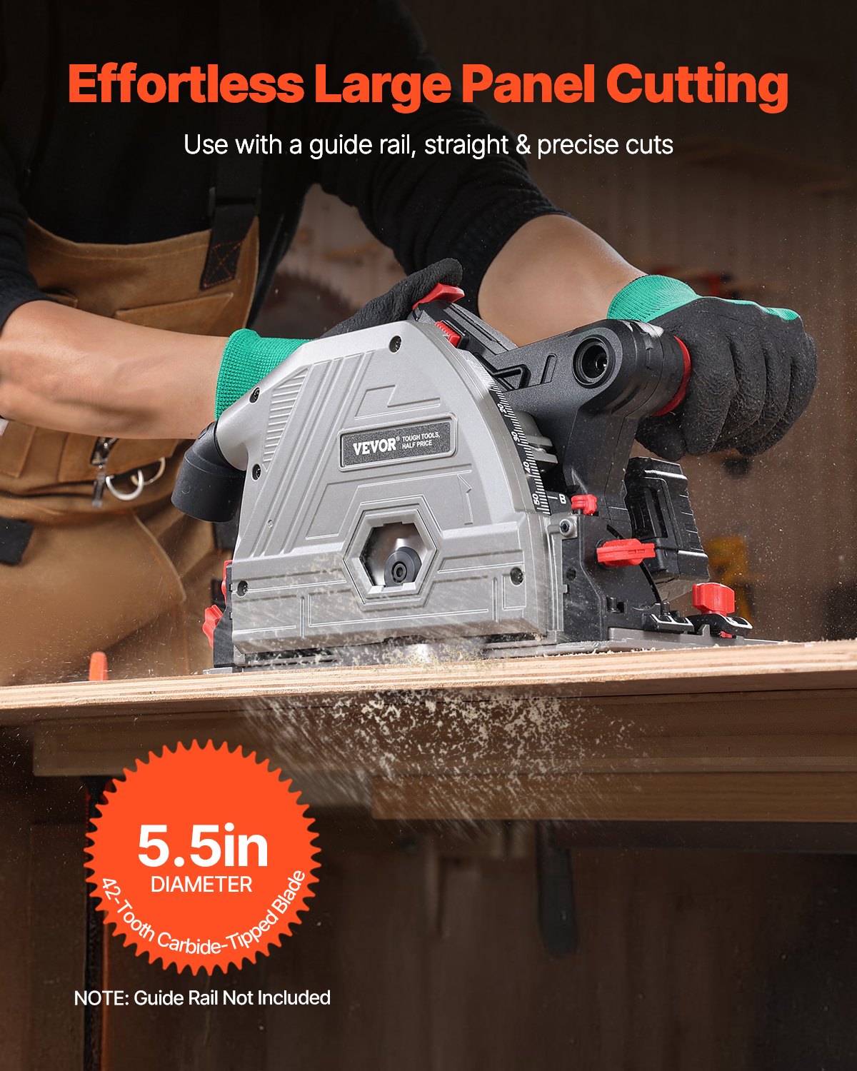 VEVOR Cordless Track Saw, 140 mm(5-1/2 in) Blade, Brushless Plunge Circular Saw Kit, Tracksaw with 4Ah 20V Battery, Hard Case, 52 mm(2.05 in) Cutting Depth, for Wood, Plastic, Tool Only (Guide Rail Sold Separately)